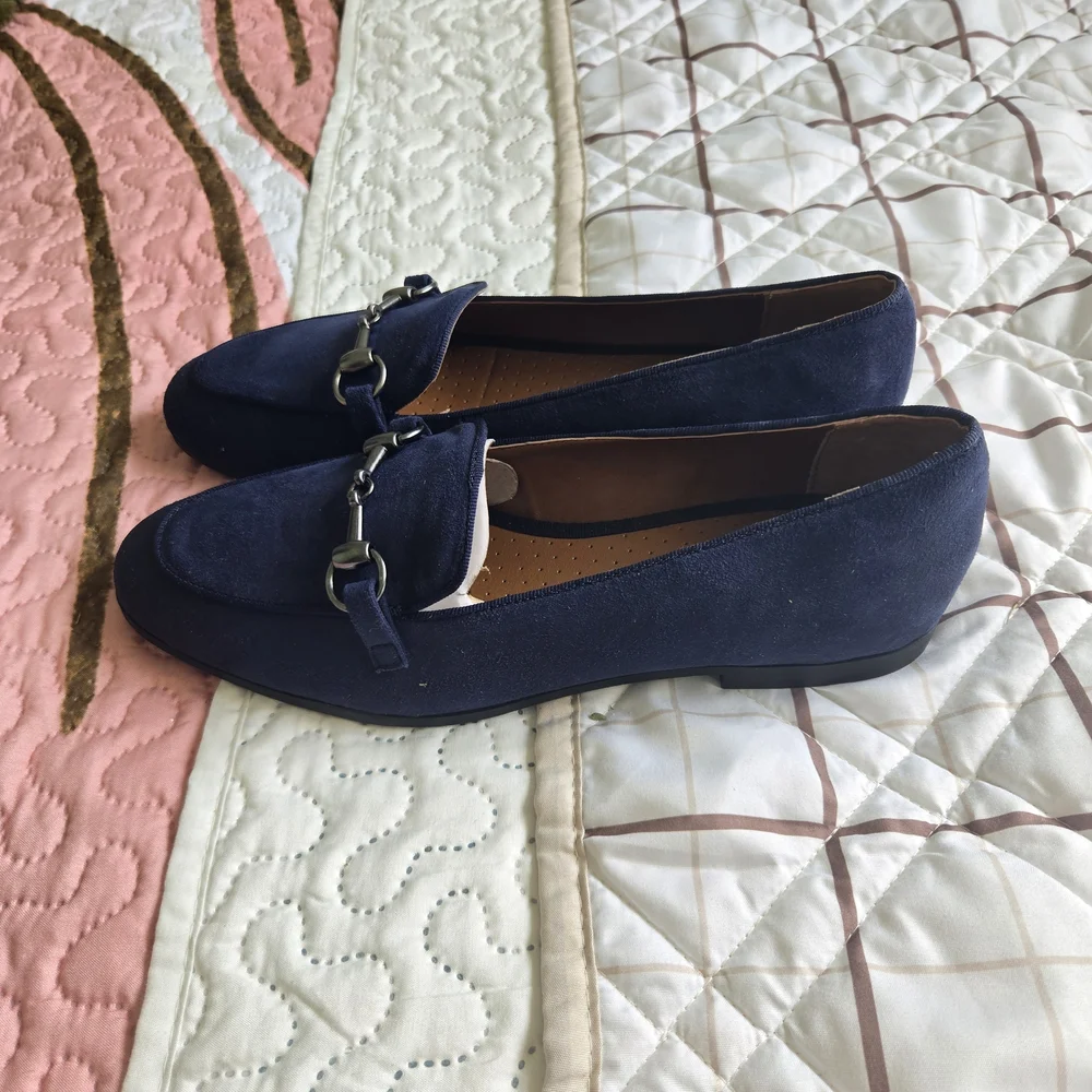 White Mountain Navy Suede Bit Loafers with Silver Hardware - Picture 3 of 4